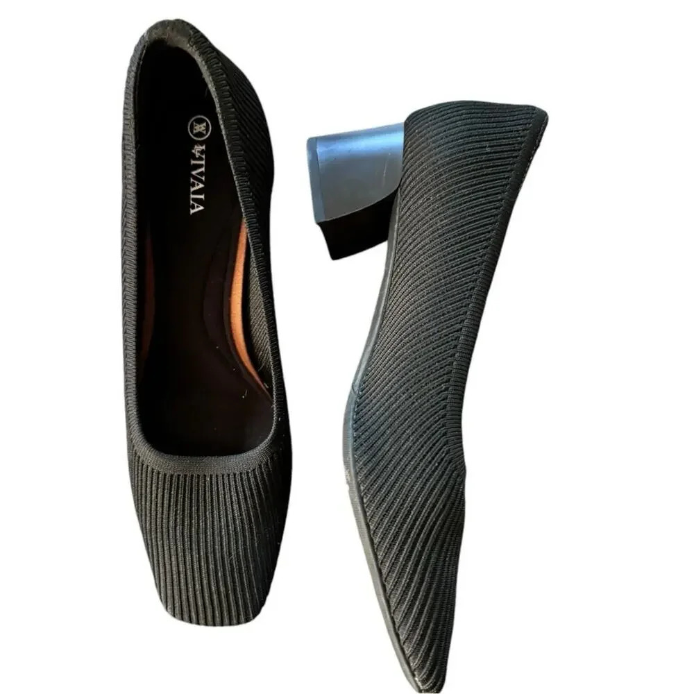 Vivaia Black Knit Low Block Heel Pumps
